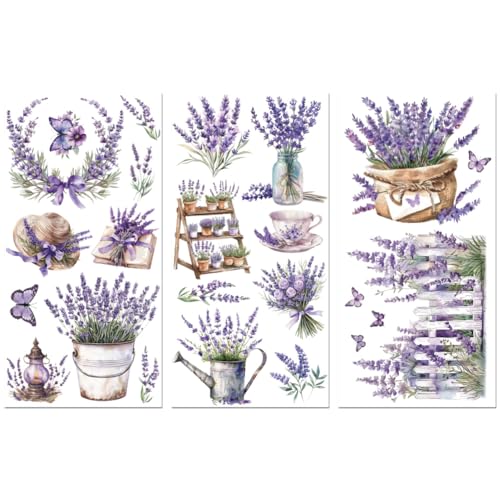 Peacoblue UV DTF Rub-On Transferfolie Möbel-Sticker Lila Lavendelblumen Muster 15x30cm, 3 Stk. Wasserfeste Deko-Transferaufkleber für Möbel Gläser Porzellan Wäscheschränke Kommoden Holz Kunststoff von peacoblue