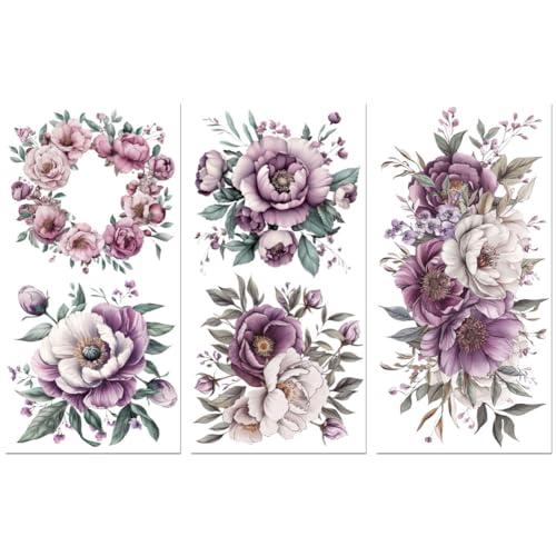 Peacoblue UV DTF Rub-On Transferfolie Möbel-Sticker Rosa und lila Blumen Muster 15x30cm, 3 Stk. Wasserfeste Deko-Transferaufkleber für Möbel Gläser Porzellan Wäscheschränke Kommoden Holz Kunststoff von peacoblue