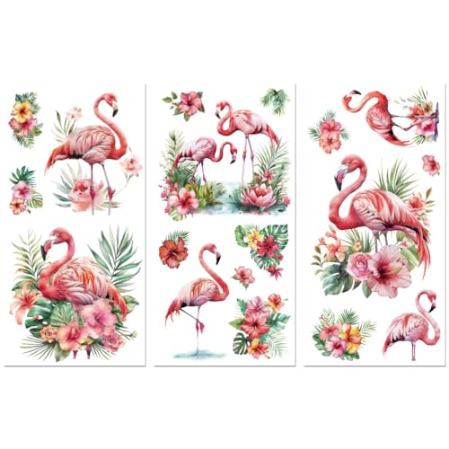 Peacoblue UV DTF Rub-On Transferfolie Möbel-Sticker Tropischer Flamingo Muster 15x30cm, 3 Stk. Wasserfeste Deko-Transferaufkleber für Möbel Gläser Porzellan Wäscheschränke Kommoden Holz Kunststoff von peacoblue