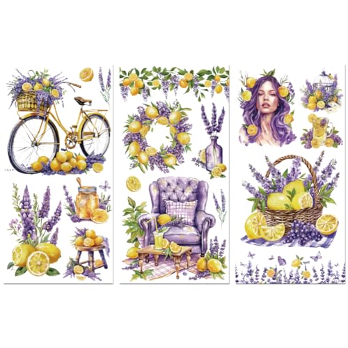 Peacoblue UV DTF Rub-On Transferfolie Möbel-Sticker Zitrone und Lavendel Muster 15x30cm, 3 Stk. Wasserfeste Deko-Transferaufkleber für Möbel Gläser Porzellan Wäscheschränke Kommoden Holz Kunststoff von peacoblue