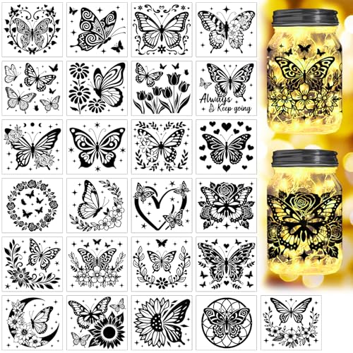 Peacoblue Schmetterling-und-Blüten-Silhouetten-Ausschnitte für Gläser, Einmachgläser, Wunschflaschendekor, 25 Stück langlebige Silhouette für Laternen DIY-Bastelset Glasaufkleber Kirche Weihnachten von peacoblue