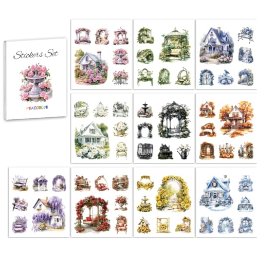 Peacoblue Scrapbook Stickerbuch-Set für Junk Journaling, 10 Blatt Europäischer Innenhof, vorgeschnittene ästhetische Sticker von peacoblue