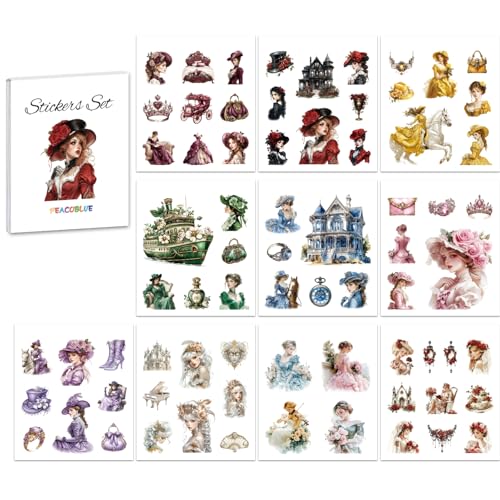 Peacoblue Scrapbook Stickerbuch-Set für Junk Journaling, 10 Blatt Europäisches Mädchen, vorgeschnittene ästhetische Sticker Peacoblue Scrapbook Stickerbuch-Set für Junk Journaling, 10 Blatt Europäisches Mädchen, vorgeschnittene ästhetische Sticker von peacoblue