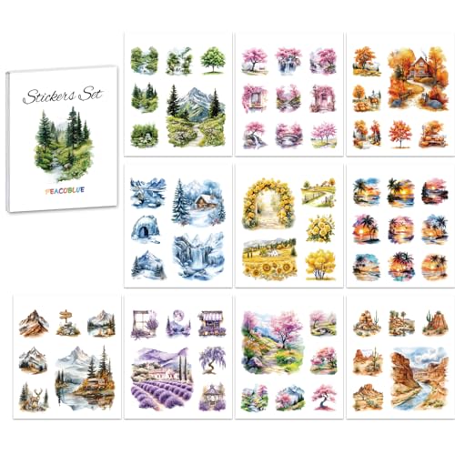 Peacoblue Scrapbook Stickerbuch-Set für Junk Journaling, 10 Blatt Farbenfrohe Landschaft, vorgeschnittene ästhetische Sticker Peacoblue Scrapbook Stickerbuch-Set für Junk Journaling, 10 Blatt Farbenfrohe Landschaft, vorgeschnittene ästhetische Sticker von peacoblue