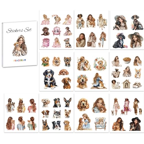 Peacoblue Scrapbook Stickerbuch-Set für Junk Journaling, 10 Blatt Mädchen mit Haustierhund, vorgeschnittene ästhetische Sticker Peacoblue Scrapbook Stickerbuch-Set für Junk Journaling, 10 Blatt Mädchen mit Haustierhund, vorgeschnittene ästhetische Sticker von peacoblue