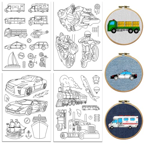 Peacoblue Stickvorlagen Wasserlöslich für Anfänger 4 Sheet Cooles Motorrad und andere with 38pcs Muster, Wash Away Stick and Stitch Auflösbares Stickereipapier für Handnähbegeisterte Frauen Erwachsene von peacoblue