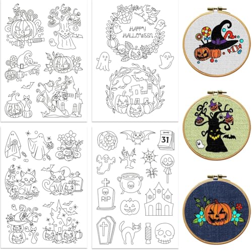Peacoblue Stickvorlagen Wasserlöslich für Anfänger 4 Sheet Halloween-Bäume und Burg with 33pcs Muster, Wash Away Stick and Stitch Auflösbares Stickereipapier für Handnähbegeisterte Frauen Erwachsene von peacoblue