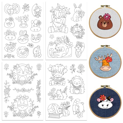 Peacoblue Stickvorlagen Wasserlöslich für Anfänger 4 Sheet Tiere und Blumen with 37pcs Muster, Wash Away Stick and Stitch Auflösbares Stickereipapier für Handnähbegeisterte Frauen Erwachsene von peacoblue