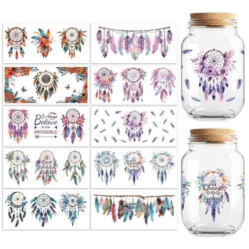 Peacoblue UV DTF Cup Transfer Wraps Aufkleber Böhmische Federn, 10 Blatt Wasserdicht Custom Vinyl 473.6 g Kaffee Glas Tasse Becher Aufkleber für Männer Frauen von peacoblue