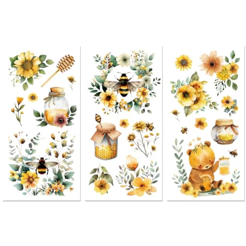 Peacoblue UV DTF Rub-On Transferfolie Möbel-Sticker Blumen und Bienen Muster 15x30cm, 3 Stk. Wasserfeste Deko-Transferaufkleber für Möbel Glas Gläser Porzellan Wäscheschränke Kommoden Holz Kunststoff von peacoblue