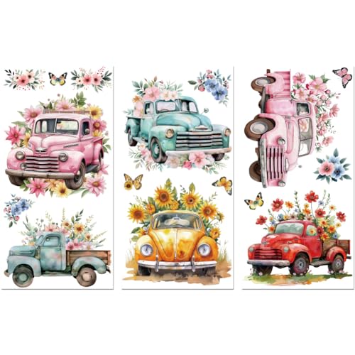 Peacoblue UV DTF Rub-On Transferfolie Möbel-Sticker Blumen und Lastwagen Muster 15x30cm, 3 Stk. Wasserfeste Deko-Transferaufkleber für Möbel Gläser Porzellan Wäscheschränke Kommoden Holz Kunststoff von peacoblue