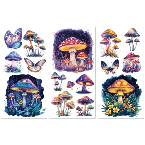 Peacoblue UV DTF Rub-On Transferfolie Möbel-Sticker Bunte Pilze und Schmetterlinge Muster 15x30cm, 3 Stk. Wasserfeste Deko-Transferaufkleber für Möbel Glas Porzellan Wäscheschränke Kommoden Kunststoff von peacoblue