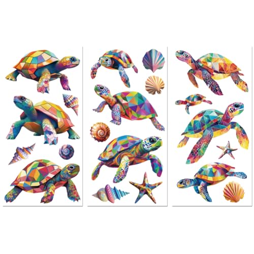 Peacoblue UV DTF Rub-On Transferfolie Möbel-Sticker Bunter 3D-Schildkröte Muster 15x30cm, 3 Stk. Wasserfeste Deko-Transferaufkleber für Möbel Gläser Porzellan Wäscheschränke Kommoden Holz Kunststoff von peacoblue