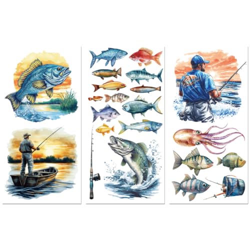Peacoblue UV DTF Rub-On Transferfolie Möbel-Sticker Fisch und Angler Muster 15x30cm, 3 Stk. Wasserfeste Deko-Transferaufkleber für Möbel Glas Gläser Porzellan Wäscheschränke Kommoden Holz Kunststoff von peacoblue