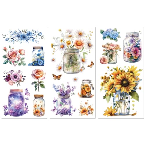 Peacoblue UV DTF Rub-On Transferfolie Möbel-Sticker Glasflasche mit Blumen Muster 15x30cm, 3 Stk. Wasserfeste Deko-Transferaufkleber für Möbel Gläser Porzellan Wäscheschränke Kommoden Holz Kunststoff von peacoblue