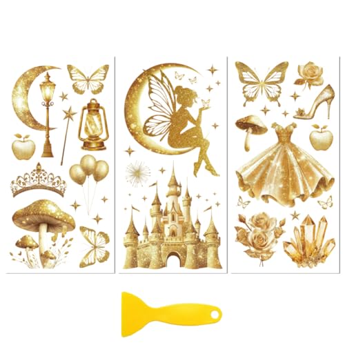 Peacoblue UV DTF Rub-On Transferfolie Möbel-Sticker Goldenes Märchen Muster 15x30cm, 3 Stk. Wasserfeste Deko-Transferaufkleber für Möbel Glas Gläser Porzellan Wäscheschränke Kommoden Holz Kunststoff von peacoblue