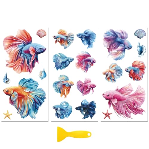 Peacoblue UV DTF Rub-On Transferfolie Möbel-Sticker Kampffisch und Muscheln Muster 15x30cm, 3 Stk. Wasserfeste Deko-Transferaufkleber für Möbel Gläser Porzellan Wäscheschränke Kommoden Holz Kunststoff von peacoblue