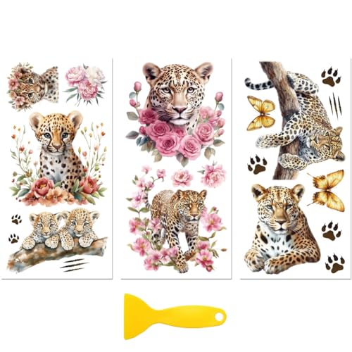 Peacoblue UV DTF Rub-On Transferfolie Möbel-Sticker Leopard und Blumen Muster 15x30cm, 3 Stk. Wasserfeste Deko-Transferaufkleber für Möbel Glas Gläser Porzellan Wäscheschränke Kommoden Holz Kunststoff von peacoblue