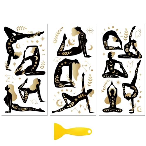 Peacoblue UV DTF Rub-On Transferfolie Möbel-Sticker Schwarz-goldene Yoga-Frau Muster 15x30cm, 3 Stk. Wasserfeste Deko-Transferaufkleber für Möbel Glas Porzellan Wäscheschränke Kommoden Holz Kunststoff von peacoblue