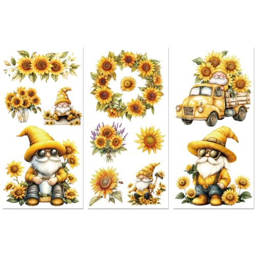 Peacoblue UV DTF Rub-On Transferfolie Möbel-Sticker Sonnenblumen und Gnom Muster 15x30cm, 3 Stk. Wasserfeste Deko-Transferaufkleber für Möbel Gläser Porzellan Wäscheschränke Kommoden Holz Kunststoff von peacoblue