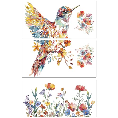 Peacoblue UV DTF Rub-On Transferfolie Möbel-Sticker Vogel und Blumen Muster 15x30cm, 3 Stk. Wasserfeste Deko-Transferaufkleber für Möbel Glas Gläser Porzellan Wäscheschränke Kommoden Holz Kunststoff von peacoblue