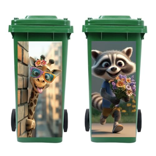 peacoblue 2 Stück Mülltonnenaufkleber 38x82cm Giraffes and raccoons Mülltonnen Aufkleber Wetterfest Groß Mülltonnen Sticker Draußen Für Auffahrt, Garten, Außen- und Innendekoration von peacoblue