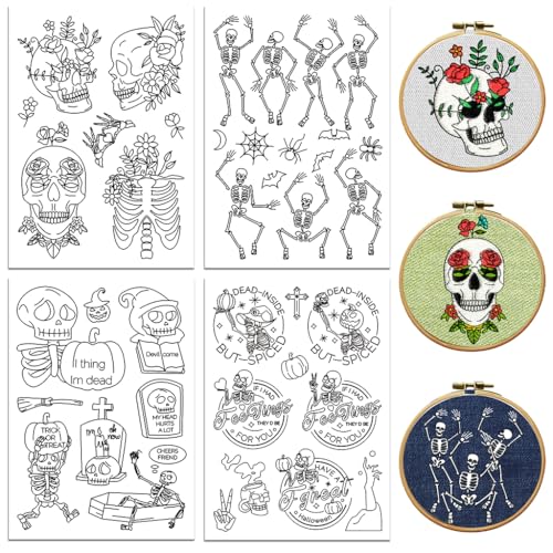 peacoblue Stickvorlagen Wasserlöslich für Anfänger 4 Sheet Halloween-Skelett with 39pcs Muster, Wash Away Stick and Stitch Auflösbares Stickereipapier für Handnähbegeisterte Frauen Erwachsene von peacoblue