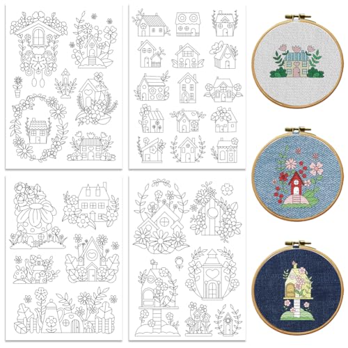 peacoblue Stickvorlagen Wasserlöslich für Anfänger 4 Sheet Haus mit Blumen with 33pcs Muster, Wash Away Stick and Stitch Auflösbares Stickereipapier für Handnähbegeisterte Frauen Erwachsene von peacoblue