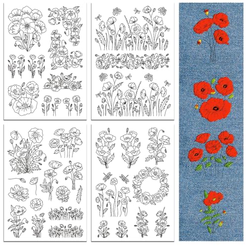 peacoblue Stickvorlagen Wasserlöslich für Anfänger 4 Sheet Klatschmohn with 30pcs Muster, Wash Away Stick and Stitch Auflösbares Stickereipapier für Handnähbegeisterte Frauen Erwachsene von peacoblue