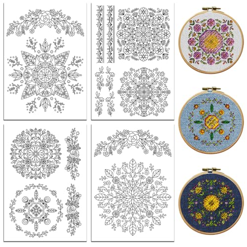 peacoblue Stickvorlagen Wasserlöslich für Anfänger 4 Sheet Mandala Blume with 14pcs Muster, Wash Away Stick and Stitch Auflösbares Stickereipapier für Handnähbegeisterte Frauen Erwachsene von peacoblue