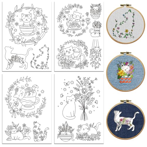 peacoblue Stickvorlagen Wasserlöslich für Anfänger 4 Sheet Niedliche Katze mit Blume with 14pcs Muster, Wash Away Stick and Stitch Auflösbares Stickereipapier für Handnähbegeisterte Frauen Erwachsene von peacoblue