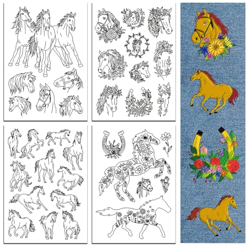 peacoblue Stickvorlagen Wasserlöslich für Anfänger 4 Sheet Pferd with 34pcs Muster, Wash Away Stick and Stitch Auflösbares Stickereipapier für Handnähbegeisterte Frauen Erwachsene von peacoblue