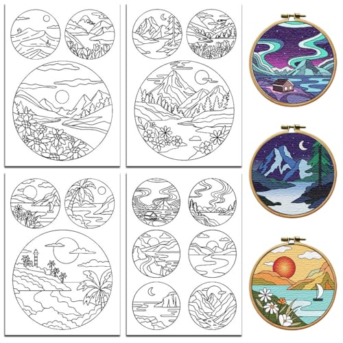 peacoblue Stickvorlagen Wasserlöslich für Anfänger 4 Sheet Schöne Landschaft with 15pcs Muster, Wash Away Stick and Stitch Auflösbares Stickereipapier für Handnähbegeisterte Frauen Erwachsene von peacoblue
