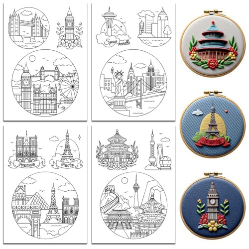peacoblue Stickvorlagen Wasserlöslich für Anfänger 4 Sheet Städtische Architektur with 12pcs Muster, Wash Away Stick and Stitch Auflösbares Stickereipapier für Handnähbegeisterte Frauen Erwachsene von peacoblue