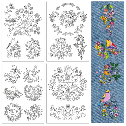 peacoblue Stickvorlagen Wasserlöslich für Anfänger 4 Sheet Vogel und Blume with 14pcs Muster, Wash Away Stick and Stitch Auflösbares Stickereipapier für Handnähbegeisterte Frauen Erwachsene von peacoblue