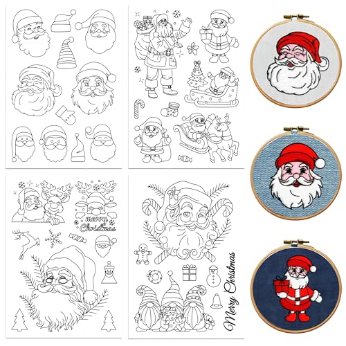 peacoblue Stickvorlagen Wasserlöslich für Anfänger 4 Sheet Weihnachtsmann with 38pcs Muster, Wash Away Stick and Stitch Auflösbares Stickereipapier für Handnähbegeisterte Frauen Erwachsene von peacoblue