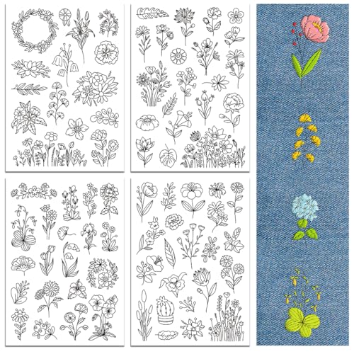 peacoblue Stickvorlagen Wasserlöslich für Anfänger 4 Sheet Wildblume with 77pcs Muster, Wash Away Stick and Stitch Auflösbares Stickereipapier für Handnähbegeisterte Frauen Erwachsene von peacoblue