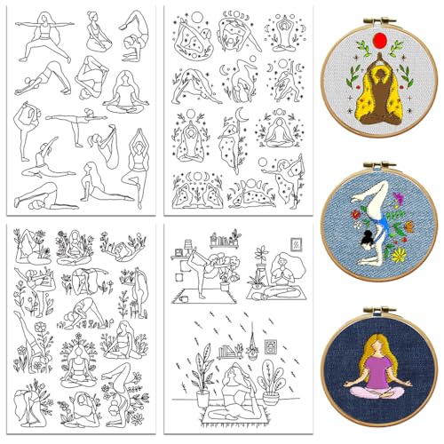 peacoblue Stickvorlagen Wasserlöslich für Anfänger 4 Sheet Yoga with 41pcs Muster, Wash Away Stick and Stitch Auflösbares Stickereipapier für Handnähbegeisterte Frauen Erwachsene von peacoblue