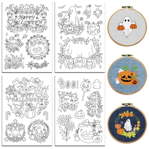 peacoblue Wasserlösliche Stickmuster für Anfänger, 4 Bögen, Halloween-Geistergesicht und Kürbis mit 25 Mustern, abwaschbares Stickpapier für Handnähliebhaber peacoblue Wasserlösliche Stickmuster für Anfänger, 4 Bögen, Halloween-Geistergesicht und Kürbis mit 25 Mustern, abwaschbares Stickpapier für Handnähliebhaber von peacoblue