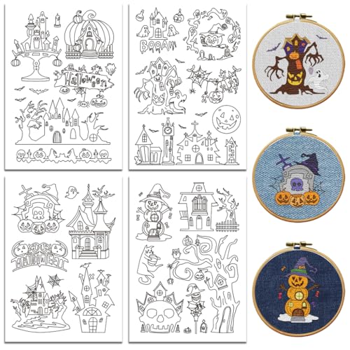 peacoblue Wasserlösliche Stickmuster für Anfänger, 4 Bögen, Halloween-Schloss und Kürbis mit 28 Mustern, abwaschbares Stickpapier für Handnähliebhaber von peacoblue