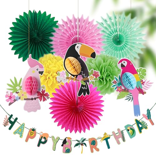 Papagei Papierfächer Deko, Hawaii Tischdeko Geburtstag Aufhängen, Dekoration Outdoor Gartenparty, Tropische Party Dekorationen, Deko Sommerparty Vintage(6 Papierfächer, 3 Papagei, 1 Banner) von peiyee