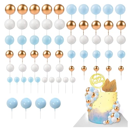 Peiyee 108 StüCk Cake Topper Geburtstag,Goldenes Kugeln Tortendeko Set,Cupcake Topper,Tortenaufsatz Kugeln Hochzeit FüR Valentinstag Geburtstag Hochzeit Deko (Blau Weiß Gold) von peiyee
