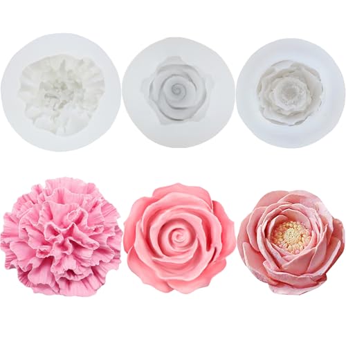 pekifaves 3 Stück Blumen Kerzen Silikonformen, Rosen Nelke Pfingstrose 3D Silicone Kerzenform, Silikonformen Gießformen Kerzen Kleine Blumen, DIY Herstellung, Gebäck von pekifaves