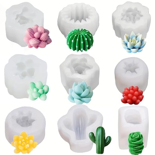 pekifaves 9 Stück sukkulenten Silikonformen Gießformen, Kaktusform Kerzen Selber Machen Formen Silikon Set, 3D Sukkulenten Silikonformen, für DIY Tortendeko von pekifaves