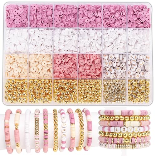 pekifaves Perlen für Armbänder set, 6mm Heishi Bunte Clay Perlen Set, Buchstabenperlen, Clay Beads zum Auffädeln Kit, für Schmuckherstellung, Freundschaftsarmband Selber Machen, Rosa Weiß pekifaves Perlen für Armbänder set, 6mm Heishi Bunte Clay Perlen Set, Buchstabenperlen, Clay Beads zum Auffädeln Kit, für Schmuckherstellung, Freundschaftsarmband Selber Machen, Rosa Weiß von pekifaves