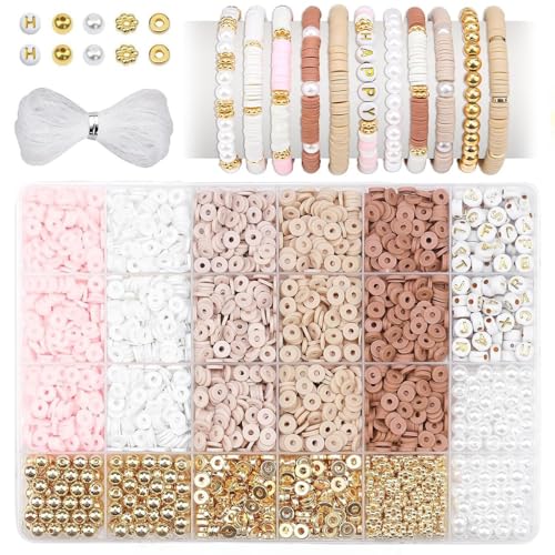 pekifaves Perlen für Armbänder set, 6mm Heishi Clay Perlen Set, Bunte Clay Beads zum Auffädeln Kit, für Schmuckherstellung, Freundschaftsarmband Selber Machen, Rosa Weiß Braun von pekifaves
