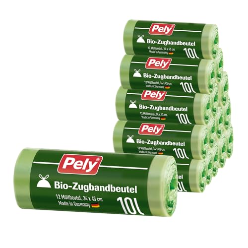 PELY Bio-Zugbandbeutel, 10 Liter, 16 x 12 Stück, mit Papierbanderole, zur Entsorgung für kompostbierbare Abfälle, made in Germany von pely