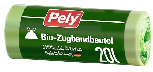 PELY Bio-Zugbandbeutel, 20 Liter, 16 x 8 Stück, mit Papierbanderole, zur Entsorgung für kompostbierbare Abfälle, made in Germany von pely