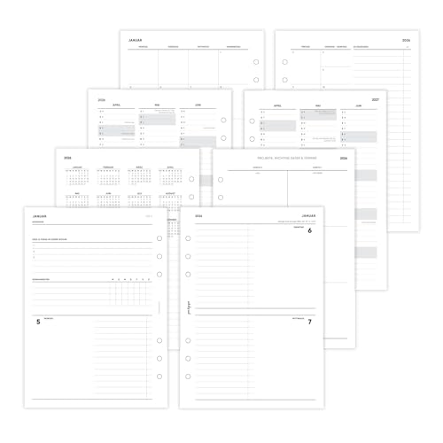 pen & pages® Kalender 2026 "1 Woche auf 4 Seiten" 1 Woche auf 2 Seiten DIN A5 Kalendereinlage für Ringbuch mit Monatsübersicht Jahresübersicht DACH Feiertagen 6 fach Lochung (All-in-One) von pen & pages