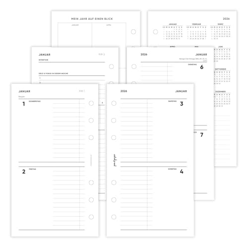pen & pages® Kalender 2026 "1 Woche auf 4 Seiten" Personal 9,5 x 17,1 cm Kalendereinlage für Ringbuch mit Intention Zielen Gewohnheiten DACH Feiertagen und Jahresübersicht 6 fach Lochung von pen & pages